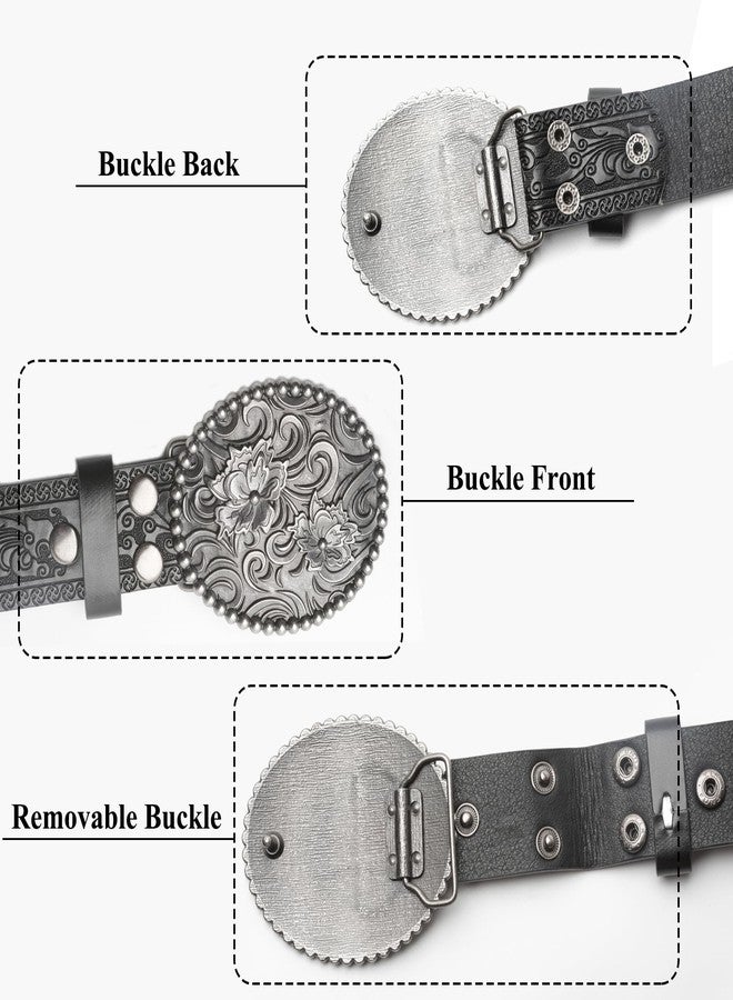 Wojgzon Western PU Leather Cowboy Cowgirl Belt for Men & Women - Vintage Flower Buckle Embossed Leather Belts for Jeans Pants - Image 2